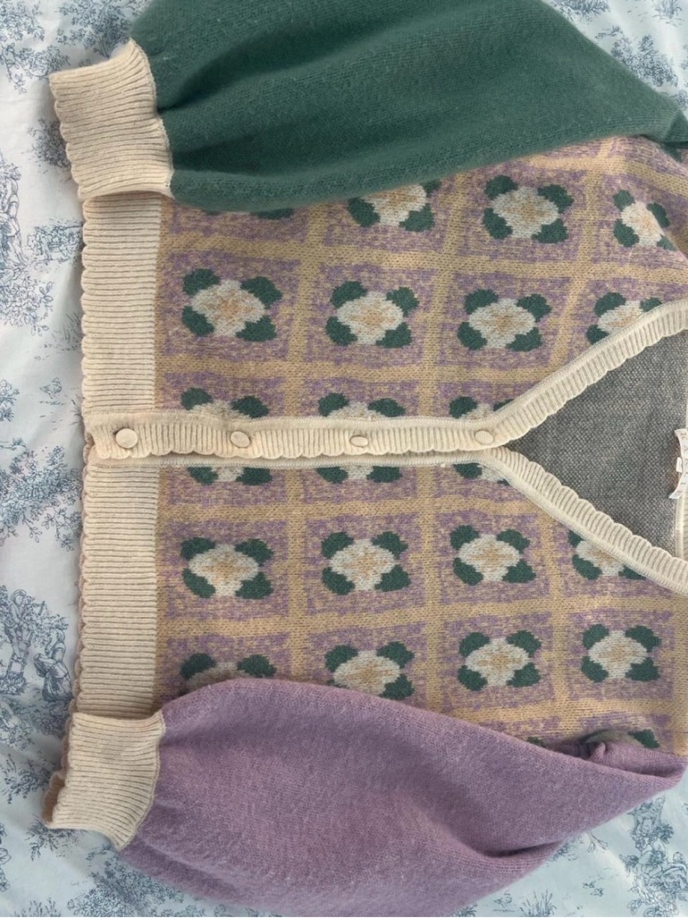 Karlie Floral Grid Button-Front Cardigan in Green, Lilac & Cream